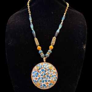 Floral Pendant Necklace with Blue and Gold Accents